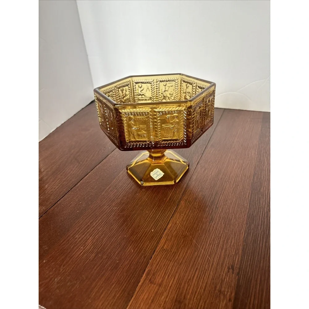 Vintage Imperial Glass Springerle Amber Pedestal Compote Candy Dish With Sticker